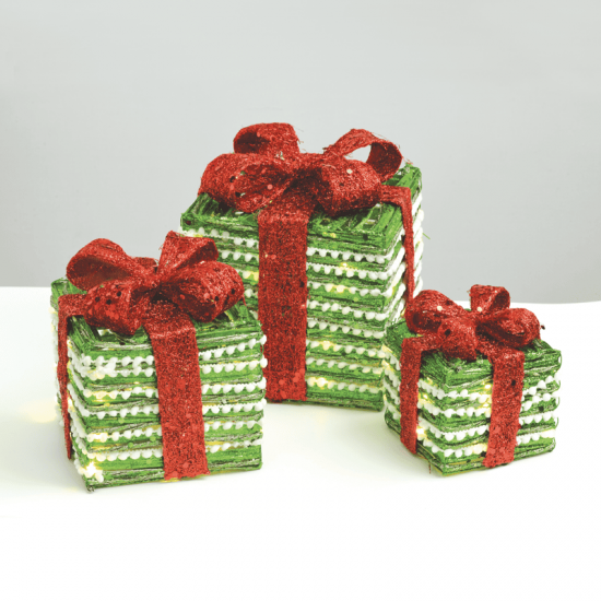 ^ SET "GREEN SILVER RATTAN GIFT BOX, RED BOW" 90(20+30+40) WW MINI ΛΑΜΠ. ΜΠΑΤ. 3*3ΑΑ IP20 18,24,30CM