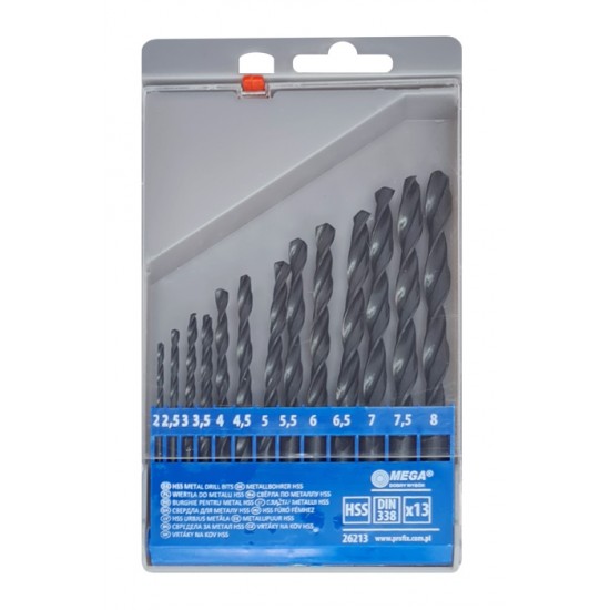 MEGA σετ τρυπάνια για σίδηρο HSS 26213, 2-8mm, DIN 338, 13τμχ