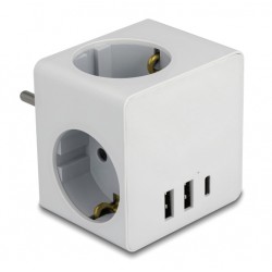 DELOCK πολύπριζο ρεύματος 11496, 3x schuko, USB-C & 2x USB, 16A, λευκός