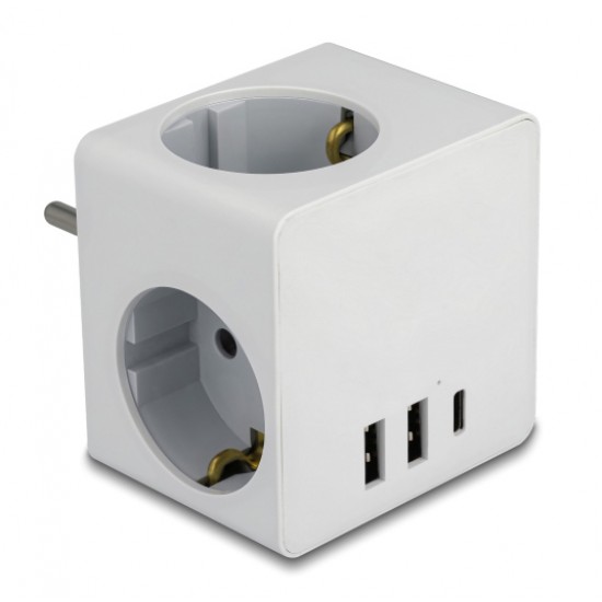 DELOCK πολύπριζο ρεύματος 11496, 3x schuko, USB-C & 2x USB, 16A, λευκός