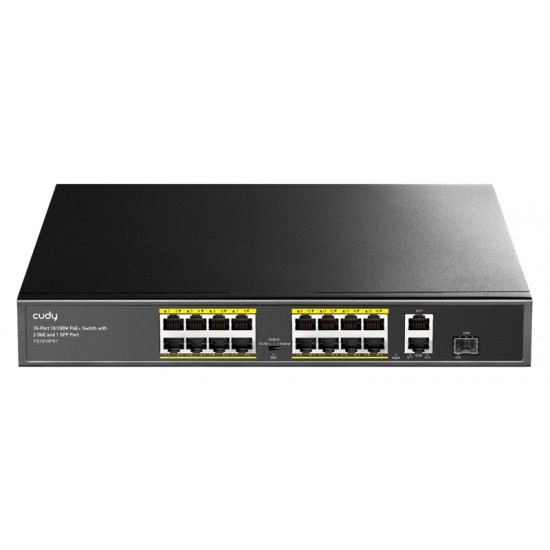 CUDY PoE+ switch FS1018PS1, 16-port 10/100M PoE+, SFP & 2x uplink, 200W CUDY PoE+ switch FS1018PS1, 16-port 10/100M PoE+, SFP & 2x uplink, 200W