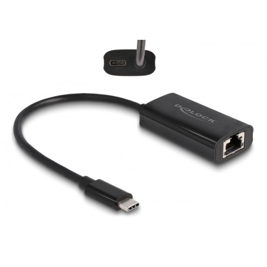 DELOCK αντάπτορας USB-C σε RJ45 & USB-C 61026, 100W, 1000Mbps, μαύρος