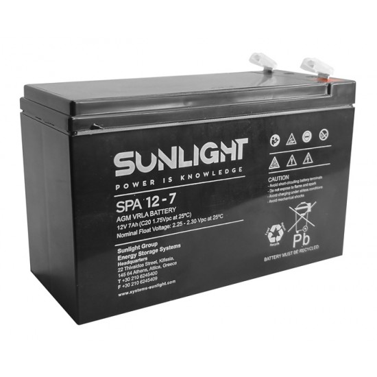 SUNLIGHT μπαταρία μολύβδου SPA12-7, 12V 7Ah, 6.3mm F SUNLIGHT μπαταρία μολύβδου SPA12-7, 12V 7Ah, 6.3mm F