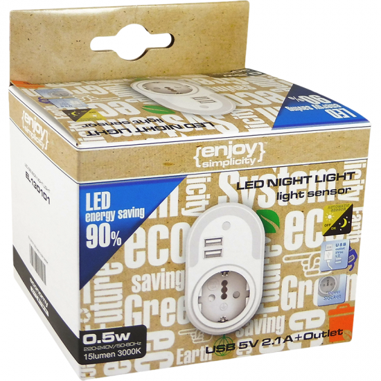 EL130101 | LED Night Light Sensor+2xUSB 5V 2.1A+Σούκο|0.5W|3000k|12lm|{enjoysimplicity}™