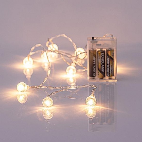 ΣΕΙΡΑ, 10 LED 5mm, ΜΕ ΑΚΡΥΛΙΚΕΣ ΔΙΑΦΑΝΕΣ ΜΠΑΛΕΣ 1,8cm, ΜΠΑΤΑΡΙΑΣ, ΔΙΑΦΑΝΟ ΚΑΛΩΔΙΟ, ΛΕΥΚΟ LED, ΑΝΑ 15cm, ΠΡΟΕΚΤΑΣΗ ΠΑΡΟΧΗΣ 50cm, IP20