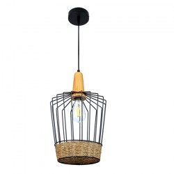 InLight Κρεμαστό φωτιστικό από μαύρο μέταλλο, σχοινί και ξύλο 1XE27 D:17cm (4025-Β)