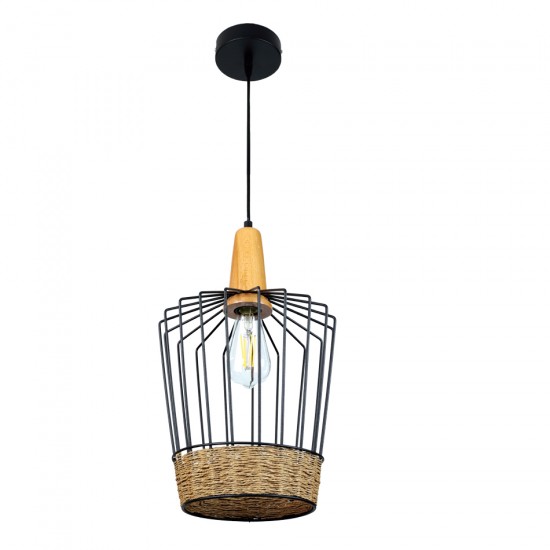 InLight Κρεμαστό φωτιστικό από μαύρο μέταλλο, σχοινί και ξύλο 1XE27 D:17cm (4025-Β)