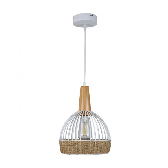 InLight Κρεμαστό φωτιστικό από λευκό μέταλλο, σχοινί και ξύλο 1XE27 D:20cm (4028-Β)
