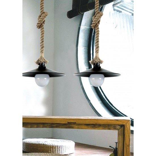 InLight Κρεμαστό φωτιστικό από καφέ σχοινί και μαύρο μέταλλο 1XE27 D:36cm (4382-BL)